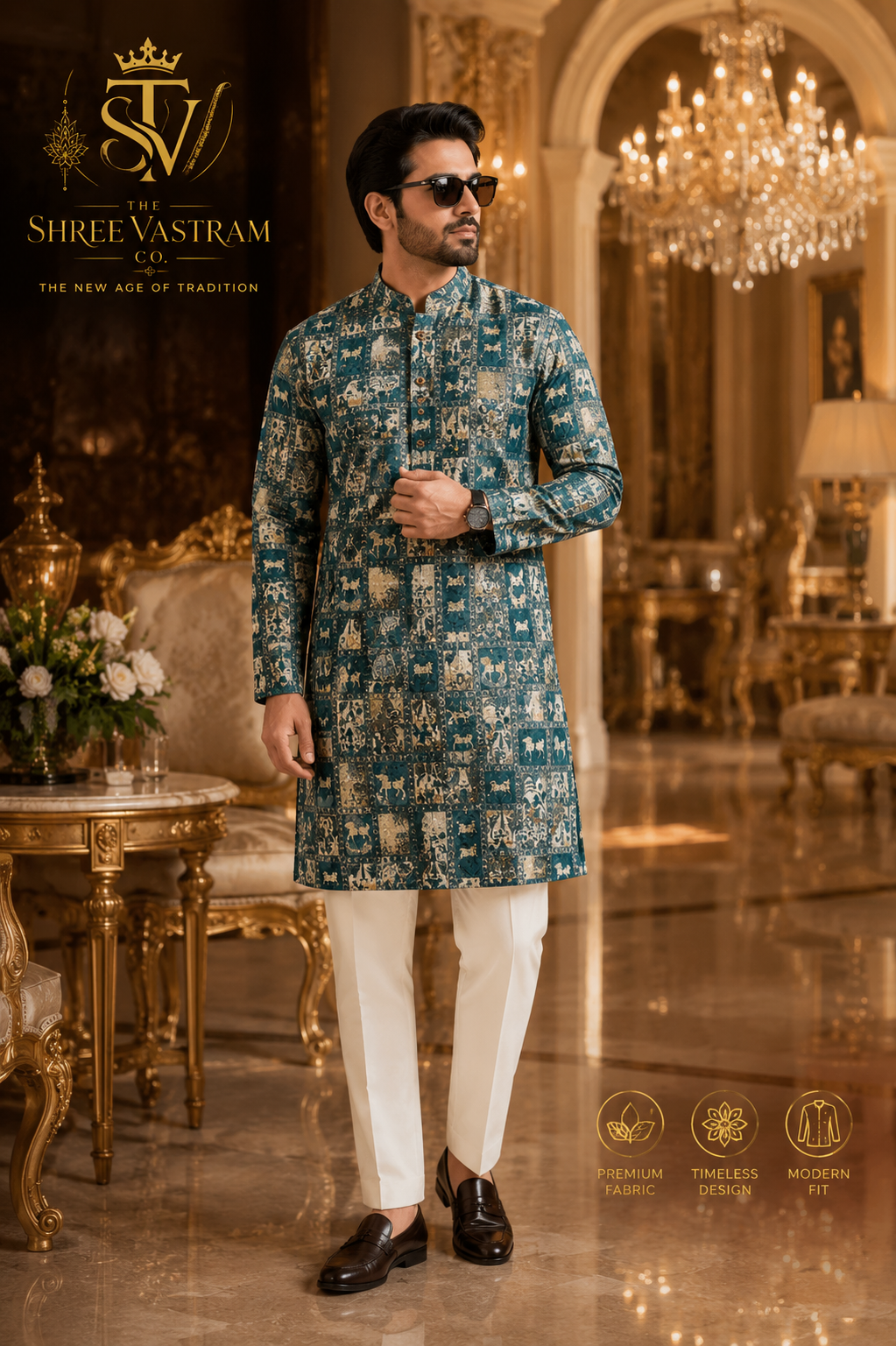 ShreeVastram Emerald Mythological Motif Brocade Kurta Set